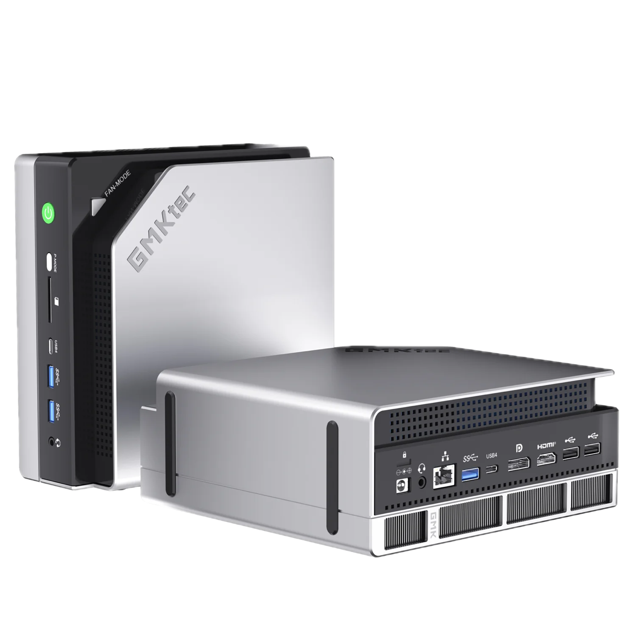 GMKtec EVO-X2 mini PC — two units showing front and rear ports