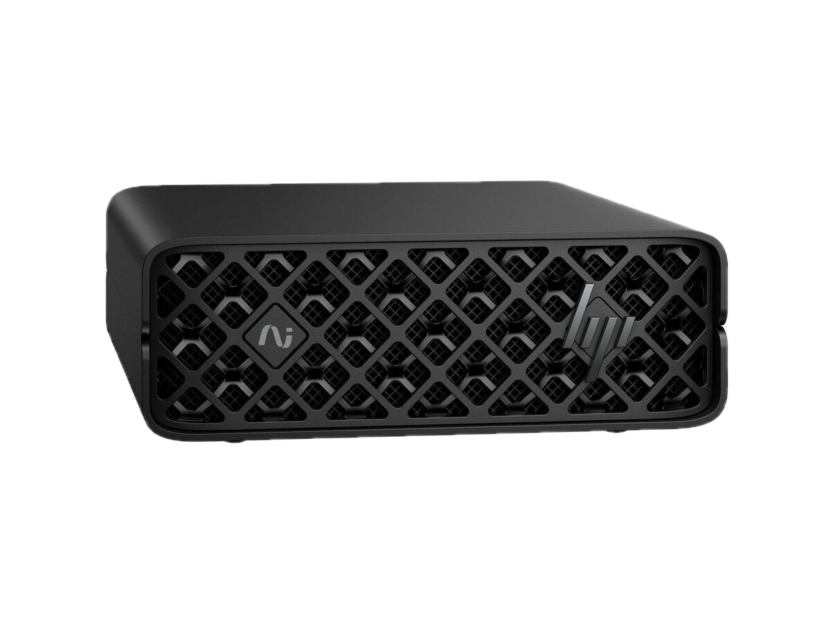 HP ZGX Nano AI Station G1n — black lattice-grille mini workstation, front three-quarter view