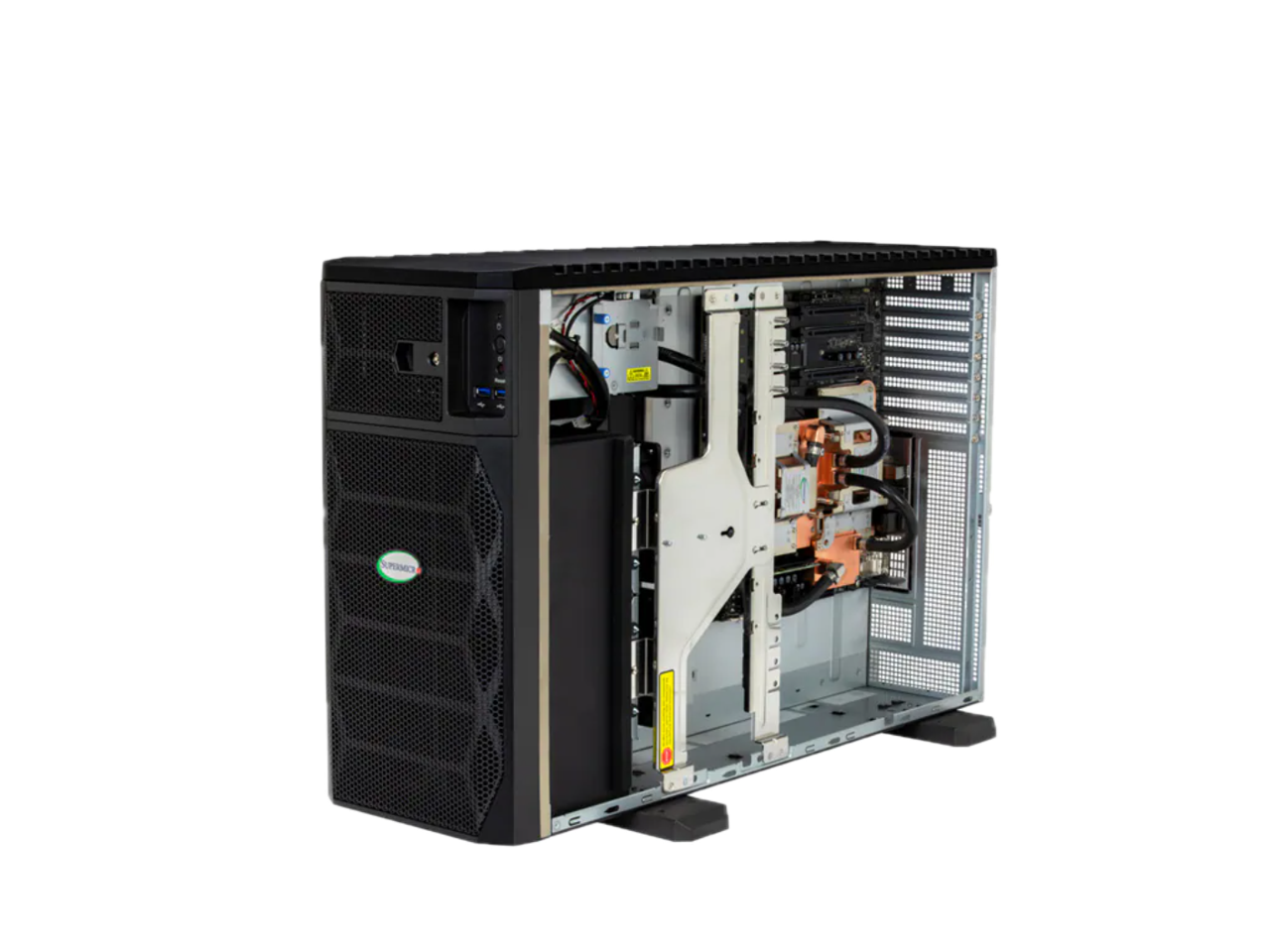 Supermicro Super AI Station — liquid-cooled GB300 tower with side panel removed showing internals